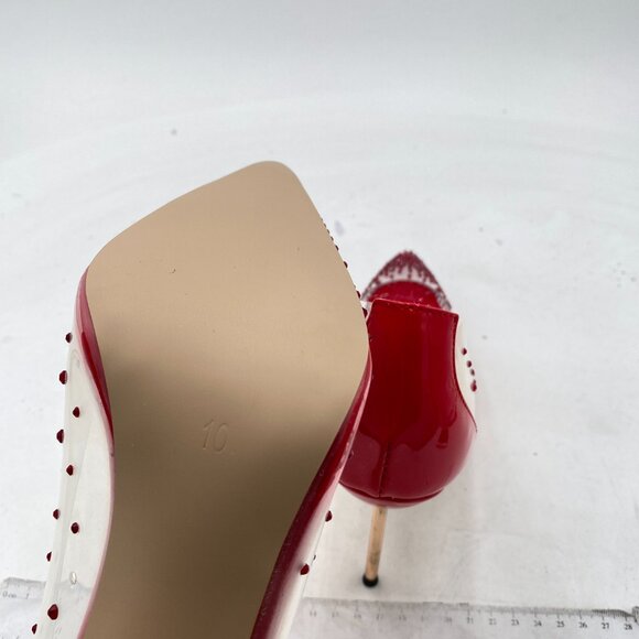 FSJ Red Studded Pointed Toe Transparent Pumps High Heels Shoes - Picture 6 of 8